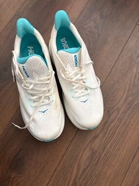 Hoka White and Teal Low-Profile Running Sneakers